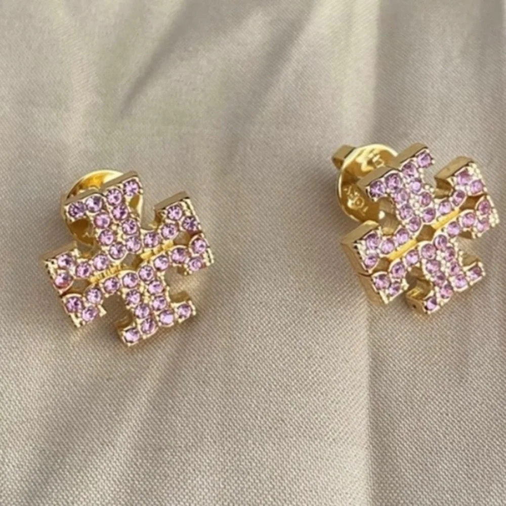 Tory Burch Gold Logo Pink Gemstone Stud Earrings - Picture 1 of 9